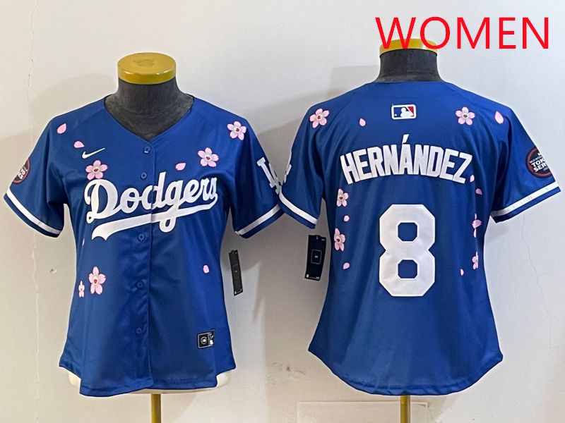 Women Los Angeles Dodgers 8 Hernandez Blue Sakura Edition 2025 Nike MLB Jersey style 3